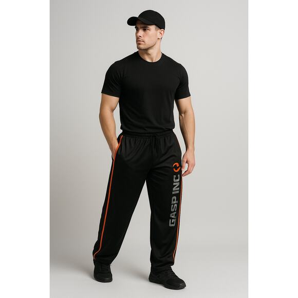 Y2K Bodybuilding Gym Track Pants Black Orange GASP INC Size L - Picture 1 of 5